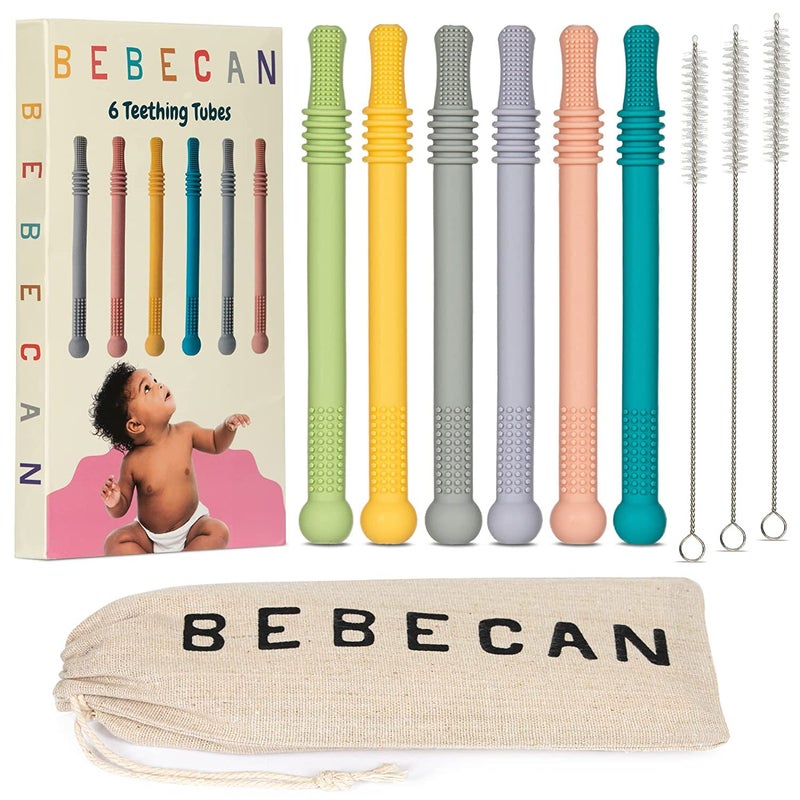 Bebecan Teething Sticks for Babies 0-36 Months - Super Soft Silicone Teething Aids, Infant Oral Soothing Relief, Multicolor 6-Pack - Image 1